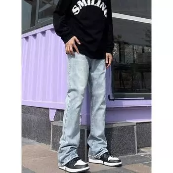 Американские вымытые джинсы из денима, мужские осенние новые свободные прямые брюки-швабры, повседневные широкие джинсовые брюки S светло-синий