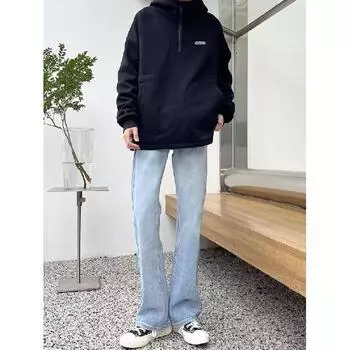 Американские вымытые джинсы из денима, мужские осенние новые свободные прямые брюки-швабры, повседневные широкие джинсовые брюки S светло-синий