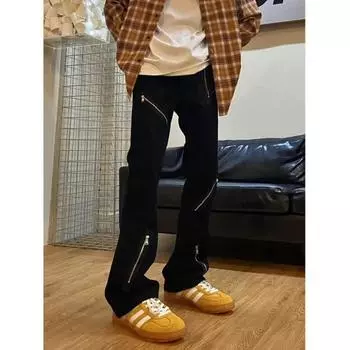 Американские вымытые джинсы из денима, мужские осенние новые свободные прямые брюки-швабры, повседневные широкие джинсовые брюки S чёрный