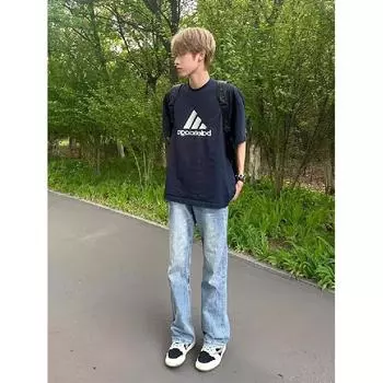 Американские вымытые джинсы из денима, мужские осенние новые свободные прямые брюки-швабры, повседневные широкие джинсовые брюки S светло-синий