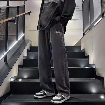 Американские вымытые джинсы из денима, мужские осенние новые свободные прямые брюки-швабры, повседневные широкие джинсовые брюки M светло-синий