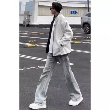 Американские вымытые джинсы из денима, мужские осенние новые свободные прямые брюки-швабры, повседневные широкие джинсовые брюки S серый