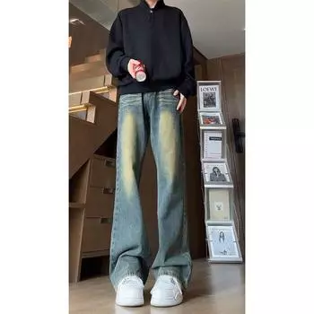 Американские вымытые джинсы из денима, мужские осенние новые свободные прямые брюки-швабры, повседневные широкие джинсовые брюки S синий