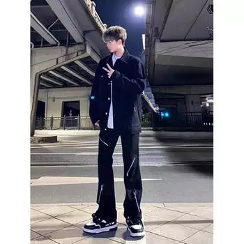 Американские вымытые джинсы из денима, мужские осенние новые свободные прямые брюки-швабры, повседневные широкие джинсовые брюки S чёрный