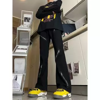 Американские вымытые джинсы из денима, мужские осенние новые свободные прямые брюки-швабры, повседневные широкие джинсовые брюки S чёрный