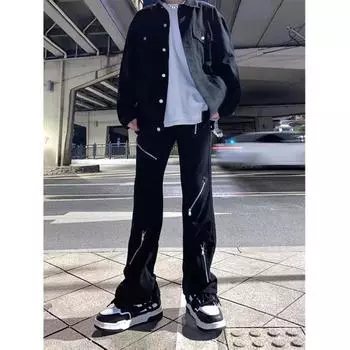 Американские вымытые джинсы из денима, мужские осенние новые свободные прямые брюки-швабры, повседневные широкие джинсовые брюки S чёрный