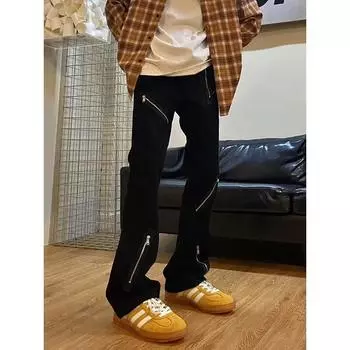 Американские вымытые джинсы из денима, мужские осенние новые свободные прямые брюки-швабры, повседневные широкие джинсовые брюки S чёрный