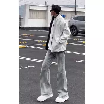 Американские вымытые джинсы из денима, мужские осенние новые свободные прямые брюки-швабры, повседневные широкие джинсовые брюки S светло-синий