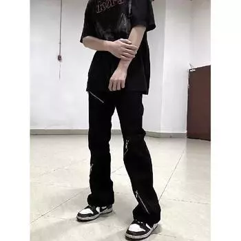 Американские вымытые джинсы из денима, мужские осенние новые свободные прямые брюки-швабры, повседневные широкие джинсовые брюки S чёрный