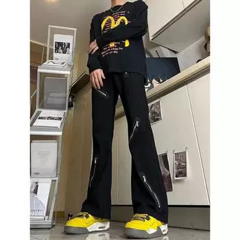 Американские вымытые джинсы из денима, мужские осенние новые свободные прямые брюки-швабры, повседневные широкие джинсовые брюки S чёрный