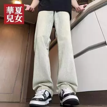 Американские вымытые джинсы из денима, мужские осенние новые свободные прямые брюки-швабры, повседневные широкие джинсовые брюки M жёлтый