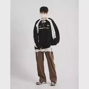 «Американский бренд контрастных цветов толстовка - свободная, с длинным рукавом, осень/зима, унисекс, стиль Гонконга, модная» XXXL темно-коричневого