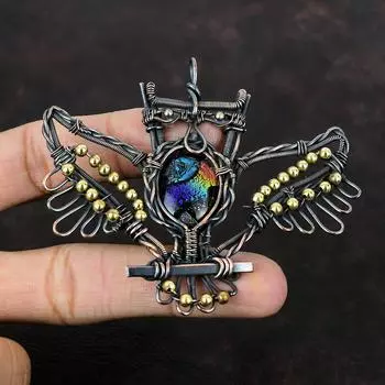 Американский дихроичный стеклянный кулон, медная проволока, кулон с драгоценным камнем, медные украшения ручной работы, кулон с совой, подарок для мамы, ювелирные изделия из проволоки