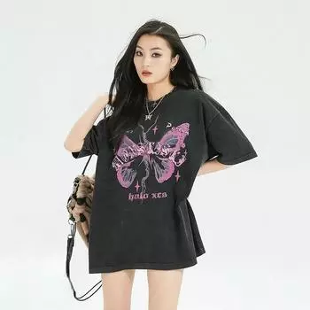Американский дизайн, ниша с принтом бабочки, чистый хлопок, с короткими рукавами, женский летний новый стиль, потертый и потертый топ с половиной рукавов S чёрный