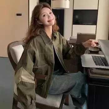 Американский дизайн, ретро-куртка, верхняя часть, корейская версия, повседневное короткое пальто, весенне-осенний свободный тренд, бейсбольная форма S 90-52.5 kg армия зеленый