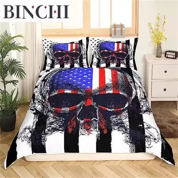 Американский флаг, черный, белый, звезды и полосы, пододеяльник, тема Хэллоуина, череп, декор комнаты, пододеяльник для детей, подростков, мужчин, красный, синий EU single(135x200cm)