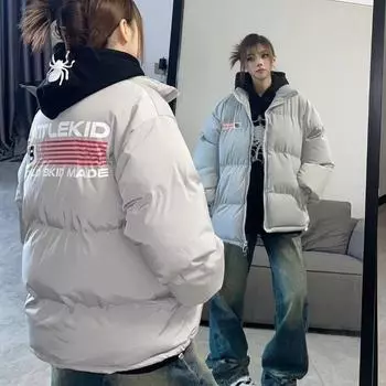 Американский флаг Национальный тренд Принт Ретро воротник-стойка Хлопковое пальто Хлопковое пальто Мужское и Женское Зимнее Толстое Свободное Пальто Пары Хлеб S чёрный