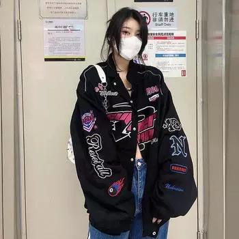 Американский гоночный костюм Бейсбольный костюм для женщин весной и осенью Новая винтажная свободная куртка с принтом Куртка для мотокросса Ins Fashion S чёрный