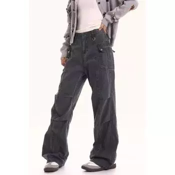 Американский High Street стираный старый комбинезон мужской модный брендовый дизайн плиссированные свободные прямые повседневные широкие брюки S серый
