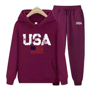 Американский костюм США, толстовка, комплект из двух предметов, толстовка с капюшоном, женская толстовка, осенняя мужская толстовка + брюки, комплекты S