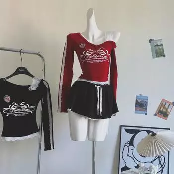 Американский кружевной облегающий топ с открытыми плечами и длинными рукавами для женщин - стиль осень/зима Small (S) чёрный