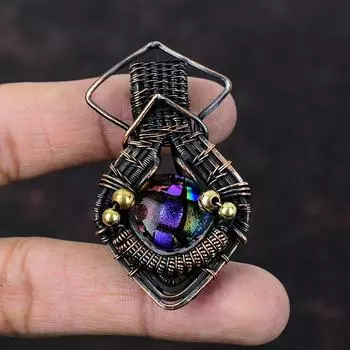 Американский кулон из дихроичного стекла, обернутый медной проволокой, кулон с драгоценными камнями, дизайнерская подвеска из меди, обернутая вручную проволокой, подарок для него