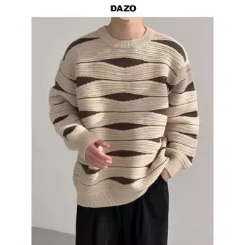 Американский ленивый фэн-шуй гофрированный вязаный свитер для мужчин и женщин двухцветный дизайн сращивания для пар L бежевый