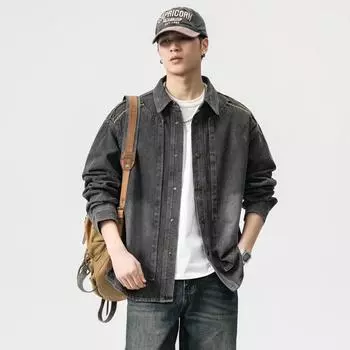 Американский модный бренд джинсовая рубашка куртка мужская ретро сращивание лацканов дизайн вышитый хулиганский красивый пиджак мужской M чёрный