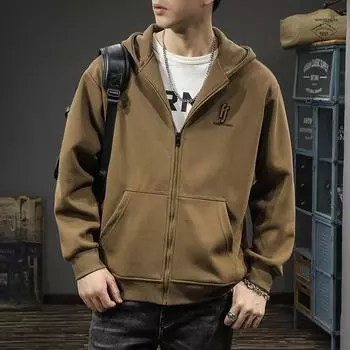 Американский модный бренд кардиган на молнии мужской спортивный свитер свободный большой размер тяжелая ретро повседневная куртка с капюшоном M абрикосовый