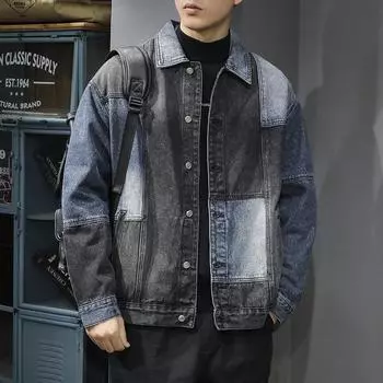 Американский модный бренд контрастного цвета джинсовая куртка мужская свободная большого размера ретро стираная джинсовая куртка инструментальная M