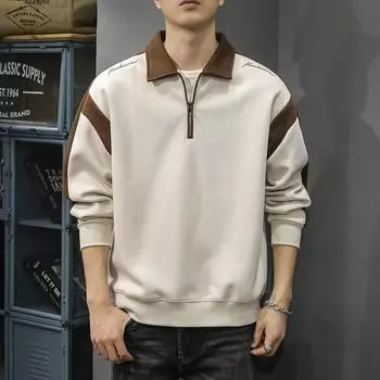 Американский модный бренд контрастного цвета, сшитый наполовину, с застежкой-молнией, мужской свободный свитер большого размера, повседневный, грубый, красивый, спортивная куртка с лацканами M абрикосовый