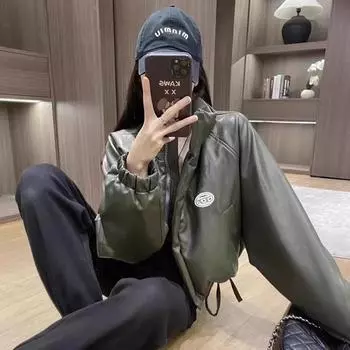 Американский модный бренд PU пуховик женский 2024 зимняя мода маленькая утолщенная белая кожаная куртка на утином пуху M