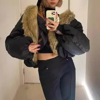 Американский модный бренд, высококачественная накидка, меховое хлопковое пальто, женская новая зимняя свободная и утолщенная двухслойная теплая хлопковая одежда S чёрный