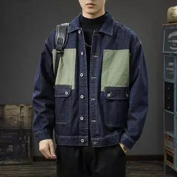 Американский модный брендовый дизайн Sense контрастный цвет инструментальная куртка мужская свободная большой размер ретро стираный повседневный деним снаружи M синий