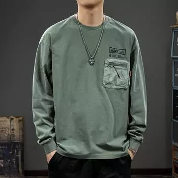 Американский модный брендовый дизайн Sense с карманом-молнией и длинными рукавами, мужская футболка свободного кроя в стиле ретро с круглым вырезом M зелёный