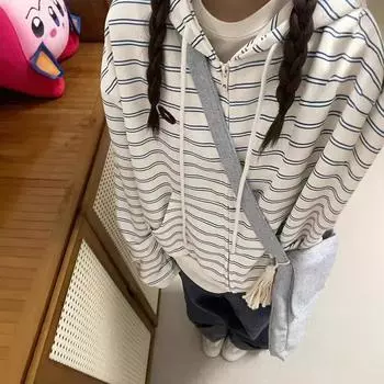Американский полосатый кардиган с капюшоном, толстовка для женщин, весна и осень, новый стиль, маленькая свободная повседневная куртка M