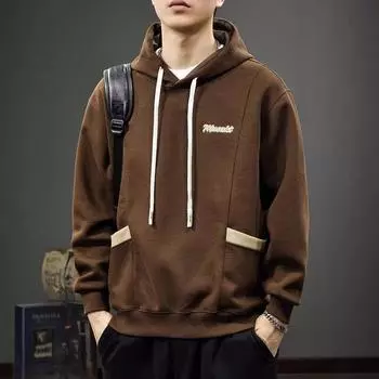 Американский повседневный мужской свитер с длинными рукавами и карманами, осенняя простая вышивка, свободная тяжелая куртка с капюшоном M фиолетовый