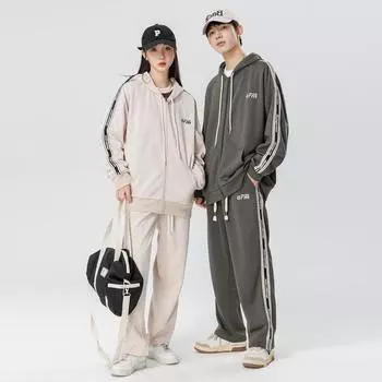 Американский повседневный осенний новый кардиган на молнии, спортивный костюм для пары, полосатые брюки с девятью точками, толстовка M чёрный