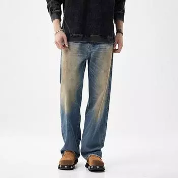 Американский повседневный ретро старый широкий крой джинсы для мужчин свободные прямые драпирующиеся весна и осень плотный стиль 28