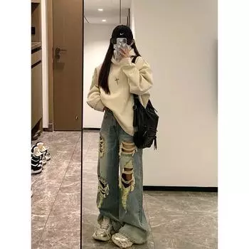 Американский ретро больших размеров, вываренный, с высокой талией, с дырками, женский, весна-лето, вайб высокой улицы, прямые, свободные широкие брюки Water wash blue S