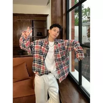 Американский ретро-дизайн, разноцветная полосатая рубашка с длинным рукавом для мужчин и женщин, повседневное свободное весенне-осеннее парное пальто для мужчин M красный