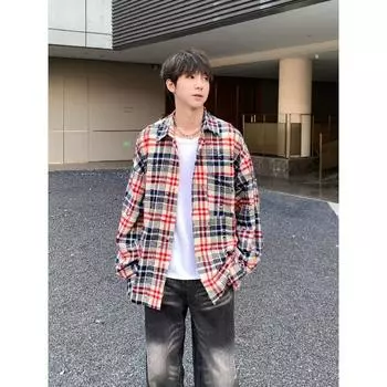 Американский ретро-дизайн, разноцветная полосатая рубашка с длинным рукавом для мужчин и женщин, повседневное свободное весенне-осеннее парное пальто для мужчин M красный
