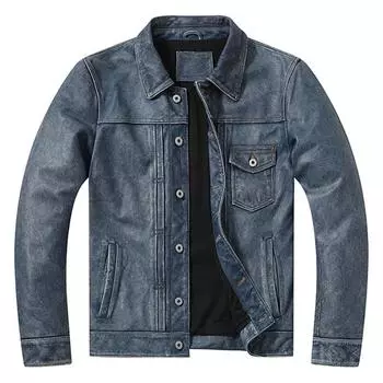 Американский ретро графитовый цвет, чтобы сделать старую верхнюю слойную куртку из воловьей кожи, мужскую облегающую короткую мотоциклетную кожаную куртку, модную XXXXXXL синий