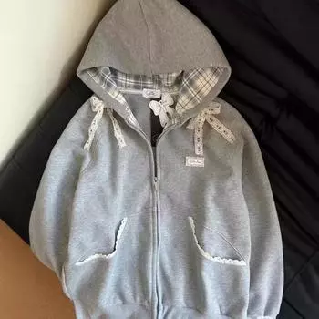 Американский ретро-клетчатый лоскутный свитер с капюшоном, женская весна-осень, новая свободная кружевная куртка с бантом на молнии M серый