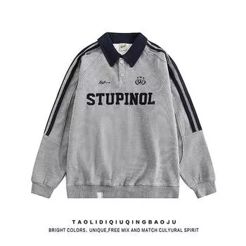 Американский ретро-колледж вафельный свитер поло с воротником женский свободный повседневный наряд для пары полосатый топ с рукавами реглан M серый