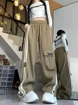 Американский ретро комбинезон цвета хаки женский весна-лето новый свободный универсальный спортивный досуг параллельные брусья широкие брюки S хаки