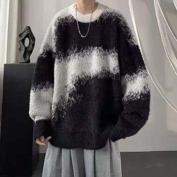 Американский ретро контрастный цвет ленивый свитер мужской осень и зима свободный вязаный свитер топ модный стиль M