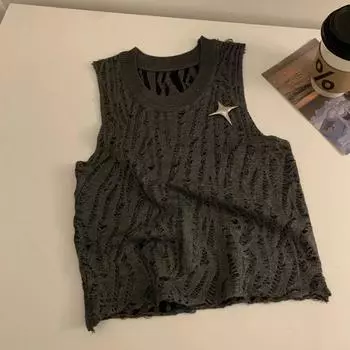 Американский Ретро Крутой и Горячий Стиль Рваная Майка Без Рукавов Женская Летняя Короткая Верхняя Одежда Приталенная С Завышенной Талией Укороченный Топ Горячей Девушки one size серый