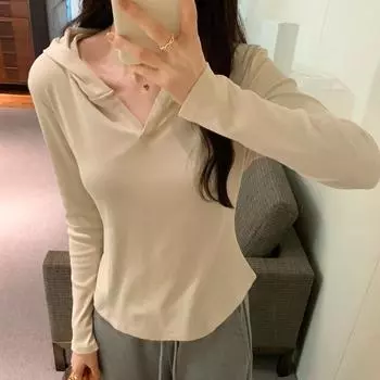 Американский ретро однотонный свитер с капюшоном для женщин, осень-зима, новая короткая универсальная футболка с длинными рукавами S