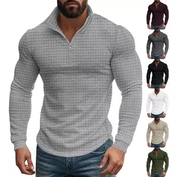 Американский ретро осенне-зимний мужской свитер с длинными рукавами, полумолнией, мелким клетчатым повседневным воротником-стойкой и длинными рукавами S темно-серого